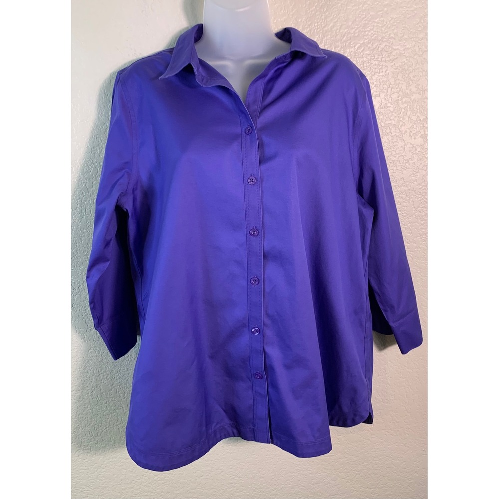 Chicos 2 US Large Button Down Shirt Purple No Iron 3/4 Sleeve Cotton Top Career